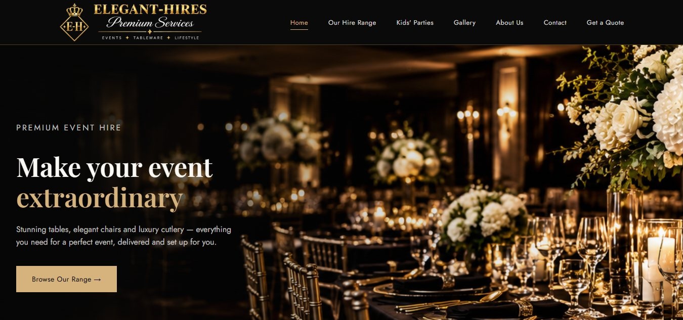 Elegant Hires homepage — a gold-on-black premium event-hire site
