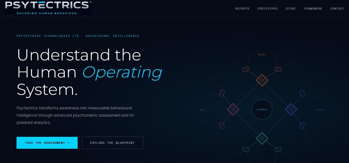 PsyTectrics homepage — a dark psychometric-assessment site with a live SVG blueprint diagram