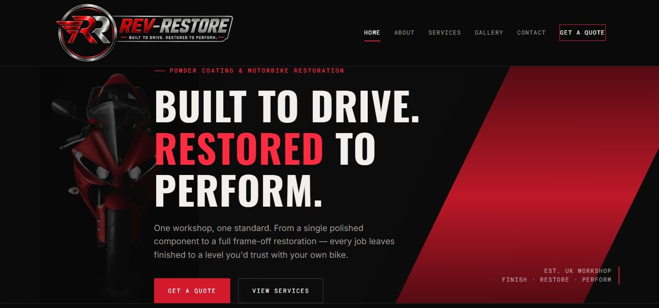Rev-Restore homepage — a dark motorbike-restoration workshop site