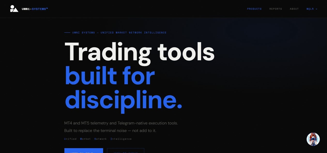 UMNi Systems homepage — a dark trading-tools brand site