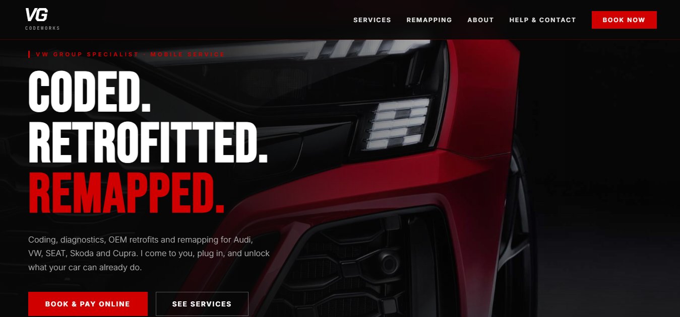 VG Codeworks homepage — a black and red automotive-coding site with a studio shot of a red Audi